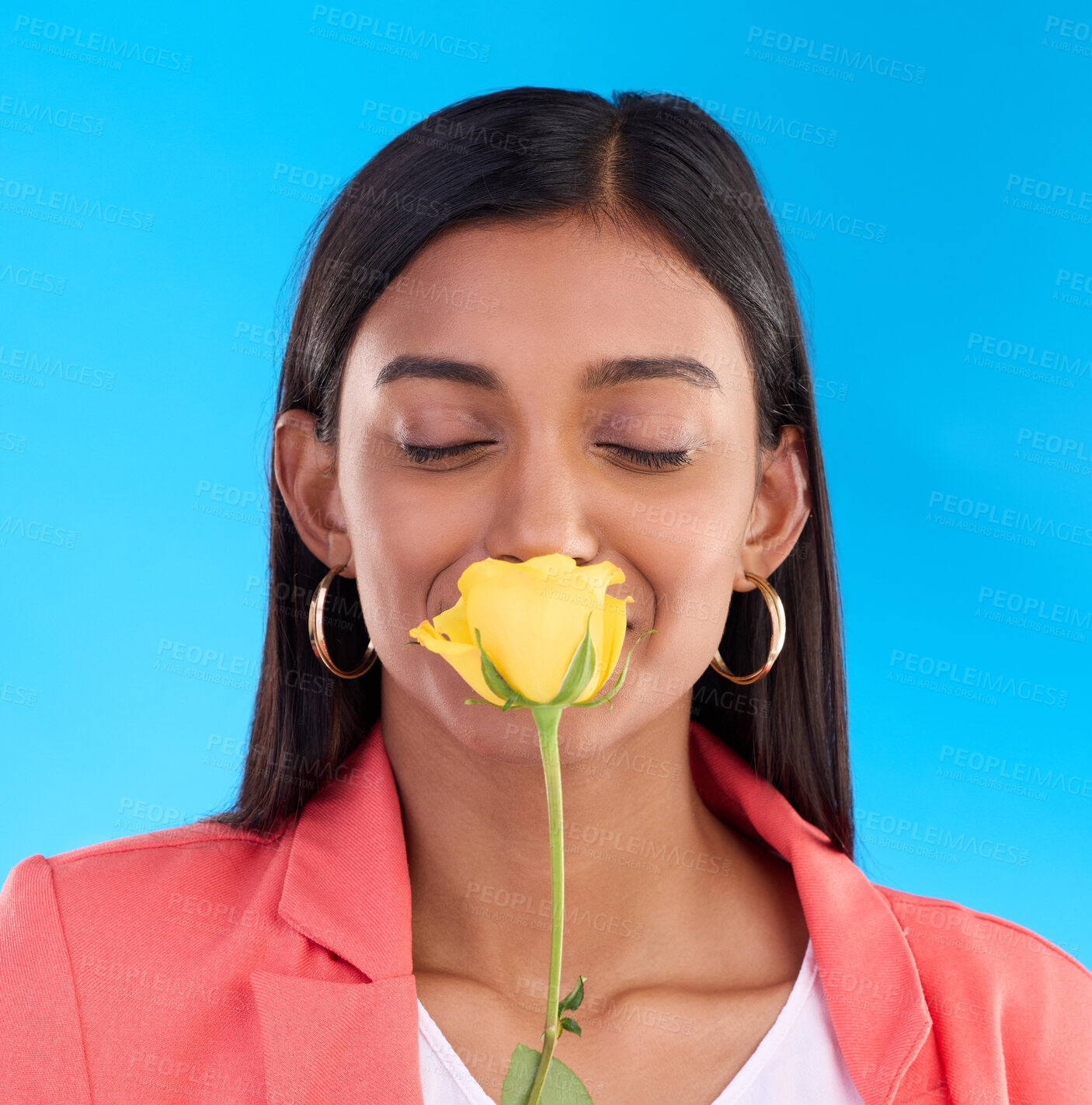 Buy stock photo Happy woman smelling a flower in a studio for a floral gift for valentines day or anniversary. Happiness, excited and Indian female model with yellow rose as present isolated by blue background.