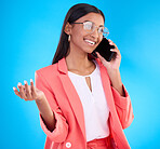 Happy business woman, phone call and communication for deal, consulting or online discussion against blue studio background. Creative female employee talking on smartphone in conversation for startup