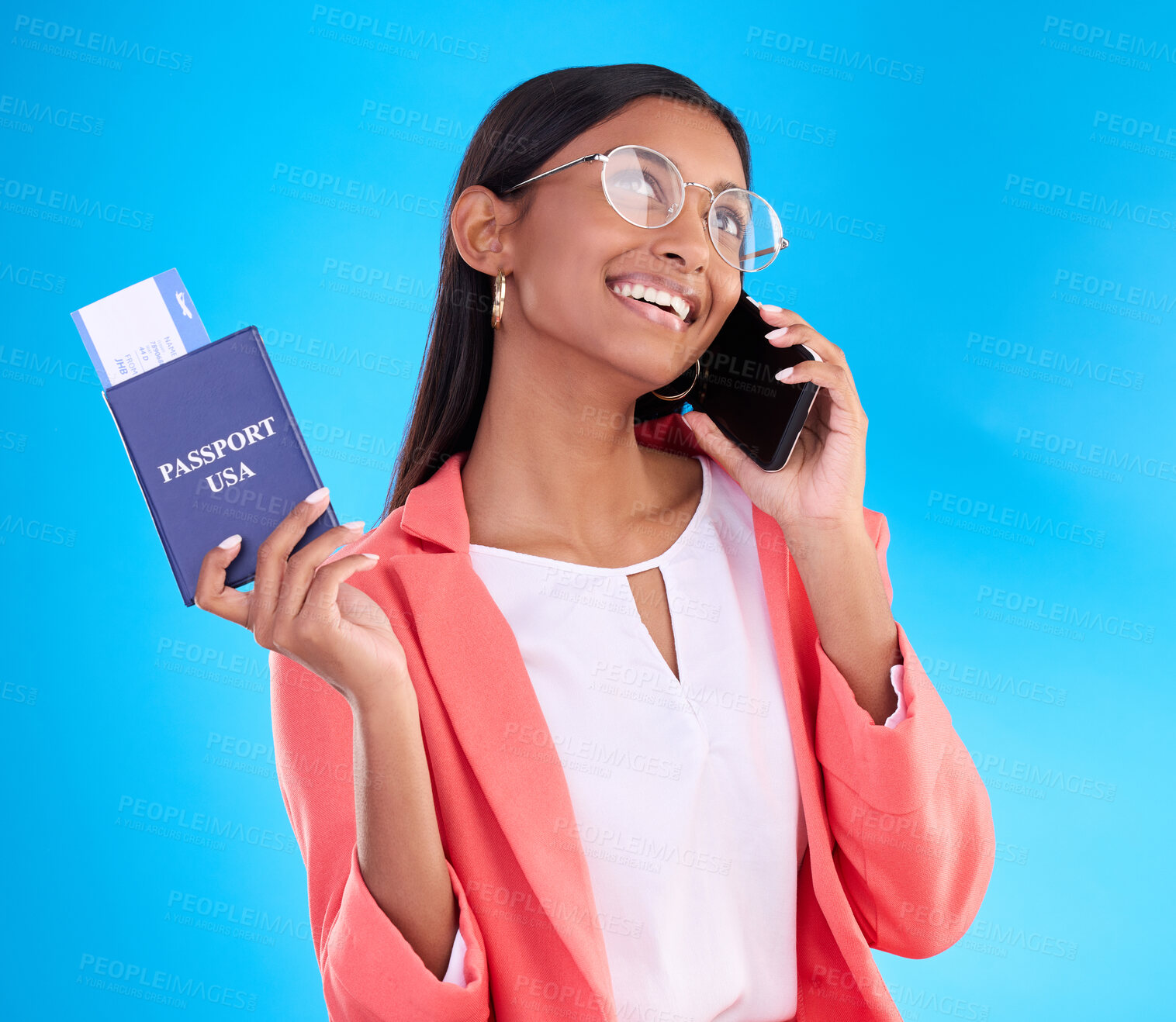 Buy stock photo Happy woman, phone call and passport or ticket for travel, flight or USA documents against blue studio background. Female business traveler smile for international boarding pass talking on smartphone