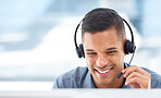 Call center, happy or friendly man in communication for telecom customer services on microphone. Smile, crm or face of sales agent consulting, speaking or talking in technical support help desk 