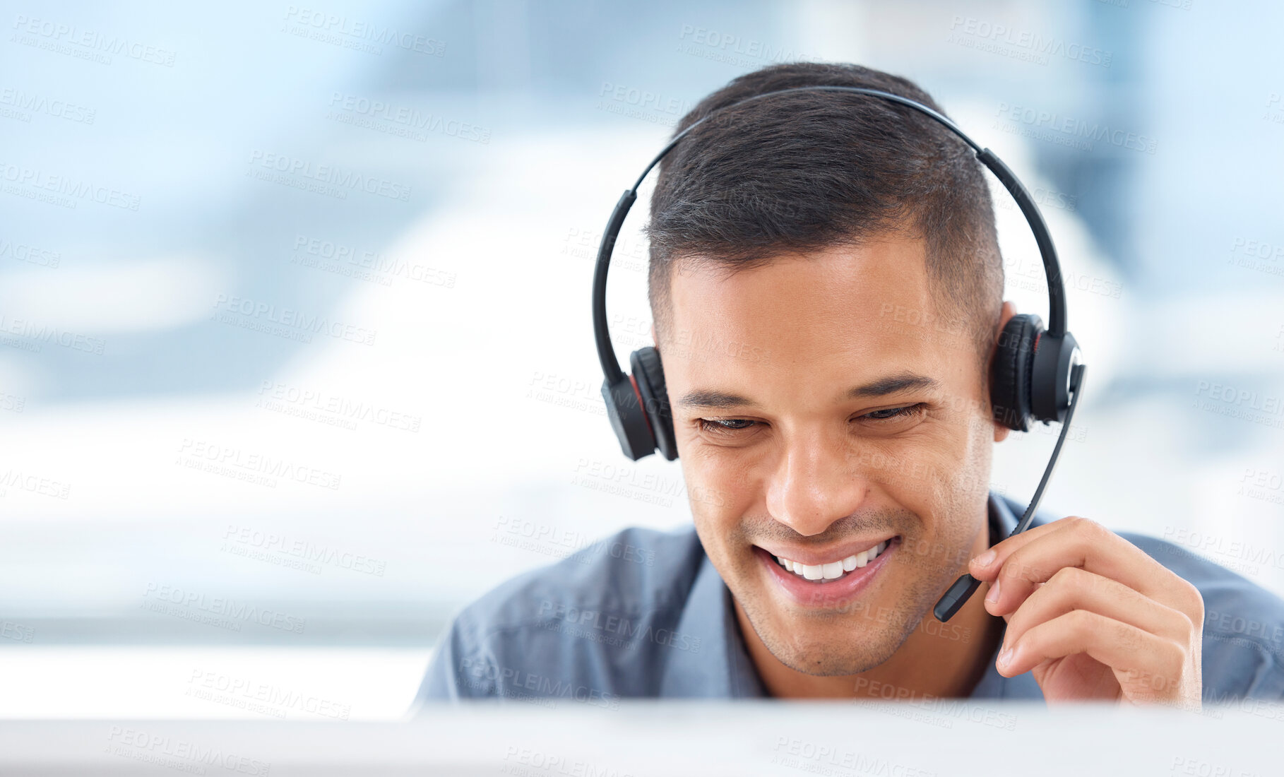 Buy stock photo Call center, mockup or friendly man in communication for telecom customer services on mic. Smile, crm or face of happy sales agent consulting, speaking or talking in technical support help desk 