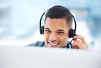 Call center, headset or friendly man in communication at telecom customer services on microphone. Smile, crm office or happy sales agent consulting, speaking or talking in technical support help desk