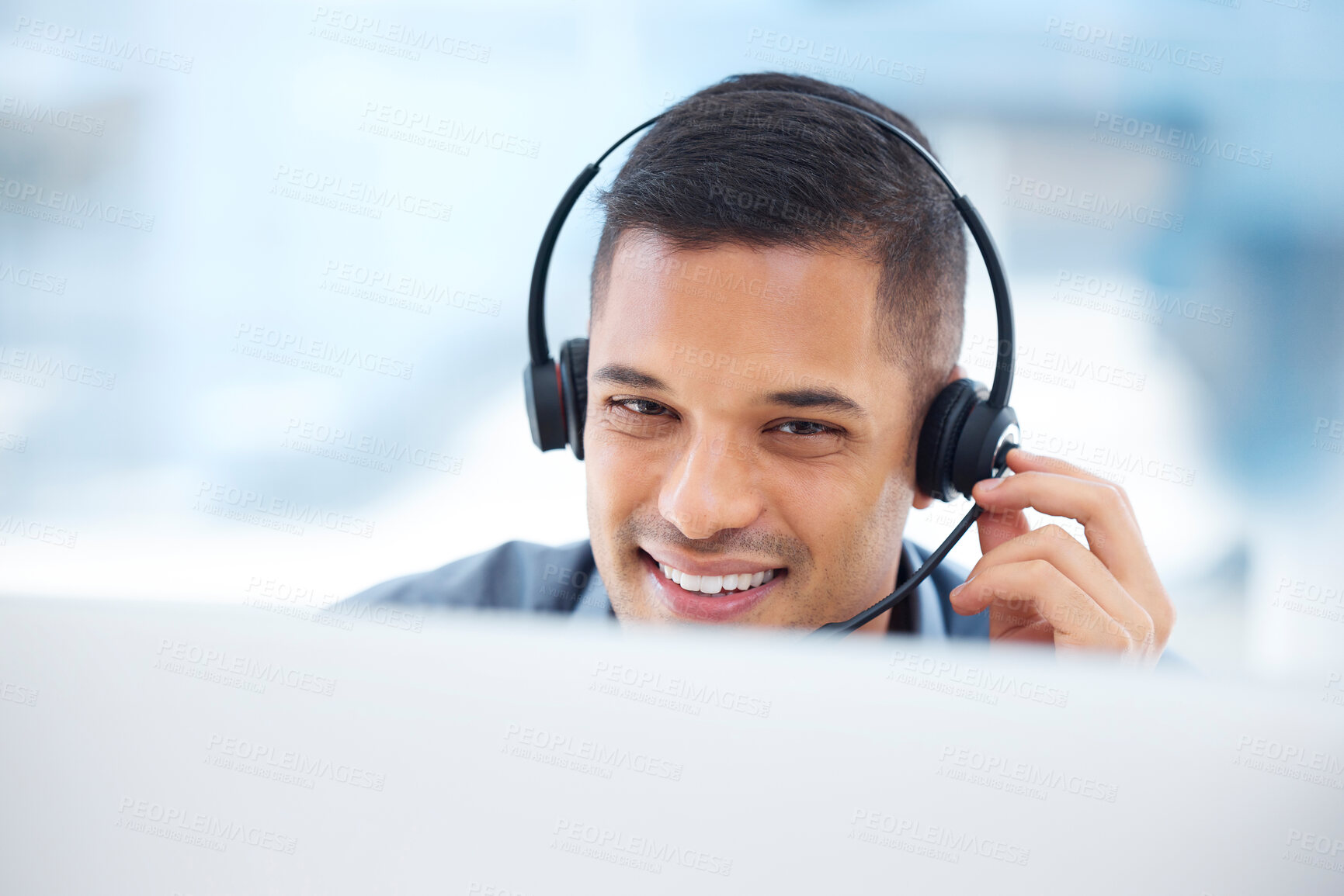 Buy stock photo Call center, headset or friendly man in communication at telecom customer services on microphone. Smile, crm office or happy sales agent consulting, speaking or talking in technical support help desk