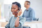 Call center portrait, headset or black woman in communication at telecom customer services. Microphone, smile or happy African sales agent consulting, speaking or talking in tech support help desk