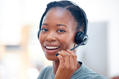 Buy stock photo Call center portrait, headset or happy black woman in communication at telecom customer services. Mic, smile or friendly African sales agent consulting, speaking or talking in tech support help desk 