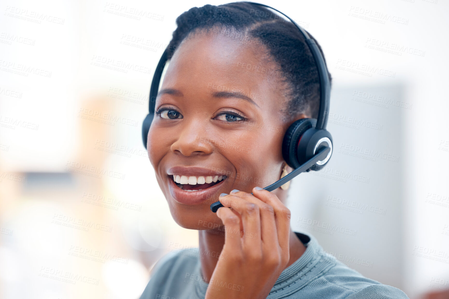 Buy stock photo Call center portrait, headset or happy black woman in communication at telecom customer services. Mic, smile or friendly African sales agent consulting, speaking or talking in tech support help desk 