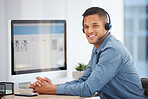 Call center portrait, computer or friendly man in communication for telecom customer services. Smile, crm or happy sales agent consulting on microphone in crm technical support help desk office 