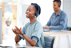 Call center, smile or friendly black woman in communication at telecom customer services office. Microphone, crm or happy African sales agent consulting, speaking or talking in tech support help desk