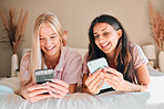 Teen friends, smartphone and girl on bed, relax and smile on face, social media scroll and happiness at home. Technology, young people chat on internet with gen z and phone app with meme online