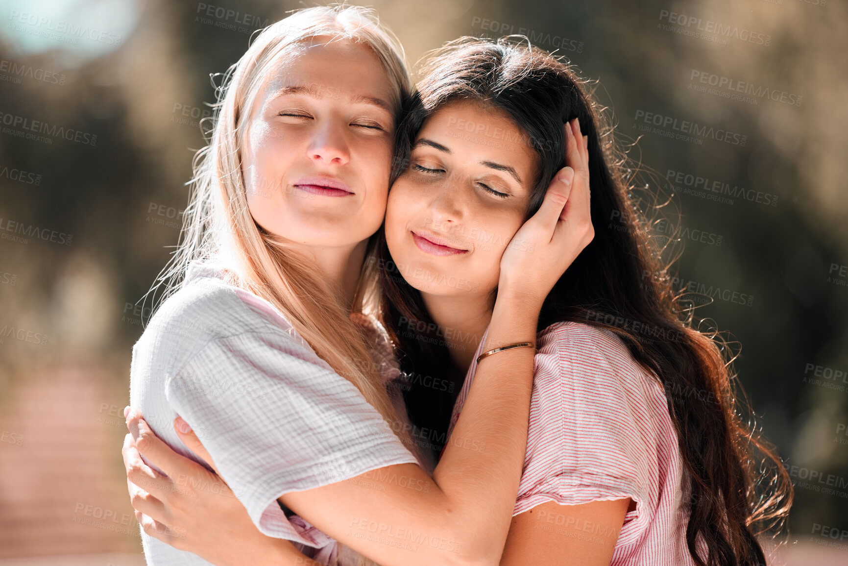 Buy stock photo Hug, happy and women with comfort and embrace in nature for bonding, appreciation and support. Smile, caring and friends or gay couple hugging with affection in a garden or park for care and love