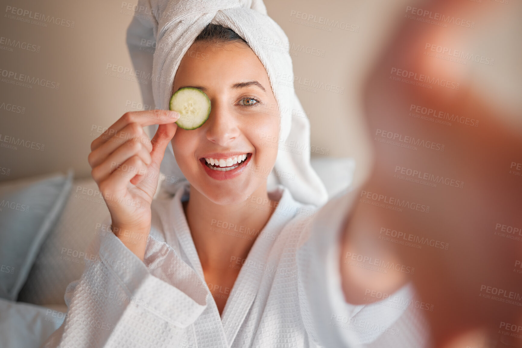 Buy stock photo Woman, spa and selfie with cucumber on eye in comic portrait for wellness, self care and relax. Girl, fruit and face for skincare, health and smile for cosmetics, beauty and natural glow in morning