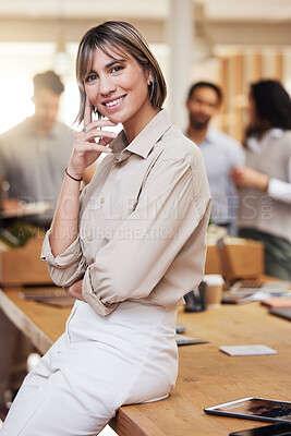 Buy stock photo Portrait, meeting and boardroom with a business woman in the office for planning, strategy or management. Training, seminar and smile with a happy female employee sitting on a table during a workshop