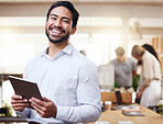 Tablet, architecture and portrait with an engineer man in his office, reading an online blueprint. Technology, building and planning with a male architect looking at plans for a construction project