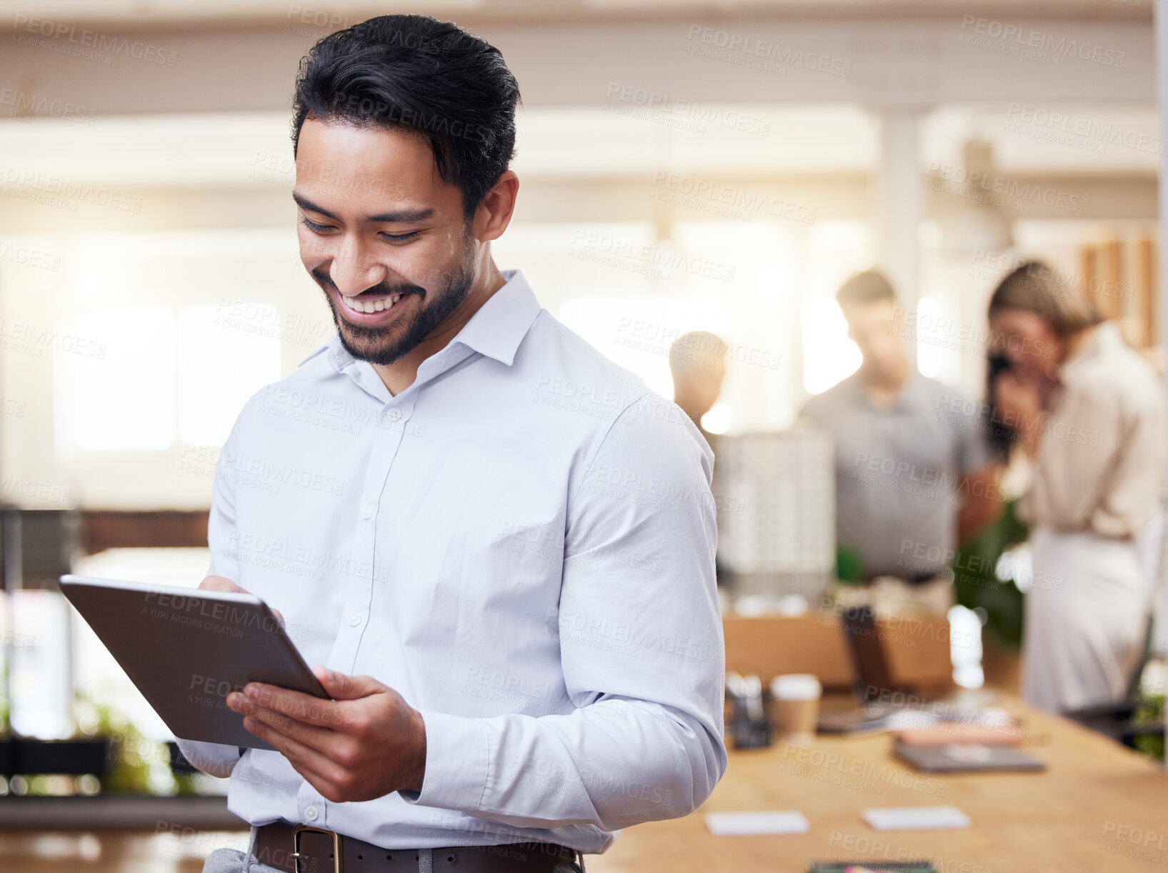 Buy stock photo Tablet, architecture and research with an engineer man in his office, reading an online blueprint. Technology, building and planning with a male architect looking at plans for a construction project