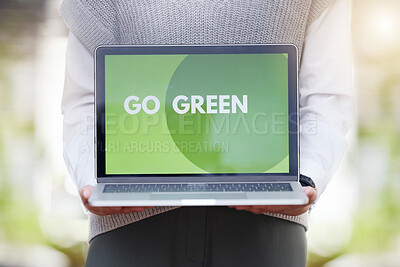 Buy stock photo Person, screen or laptop of go green, sustainability or eco friendly conservation website for planet earth. Recycle, technology or global message for carbon footprint, clean energy and climate change