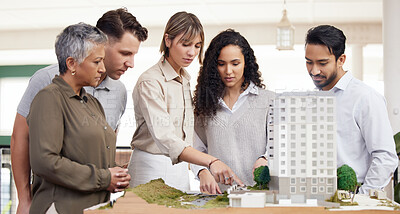 Buy stock photo Architecture, apartment model or engineering team in meeting for development project planning. Group collaboration, creative people or communication with senior manager and women for office building