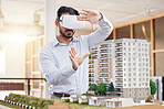 Architect, man and virtual reality architecture model, construction and building with future technology and UX. VR goggles, design and engineering, metaverse and simulation of property development