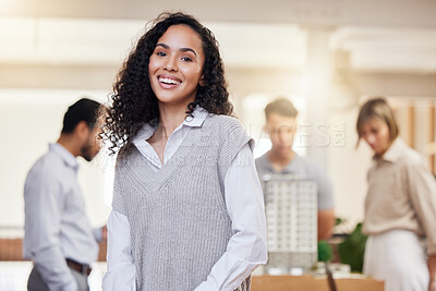 Buy stock photo Architect woman, smile in portrait with confidence and happiness in architecture meeting with team leader. Property development, female in business and happy with engineering and success in project 