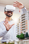 Architect, happy man and virtual reality architecture model, construction and building, future technology and UX. VR goggles, design and engineering, metaverse and simulation of property development