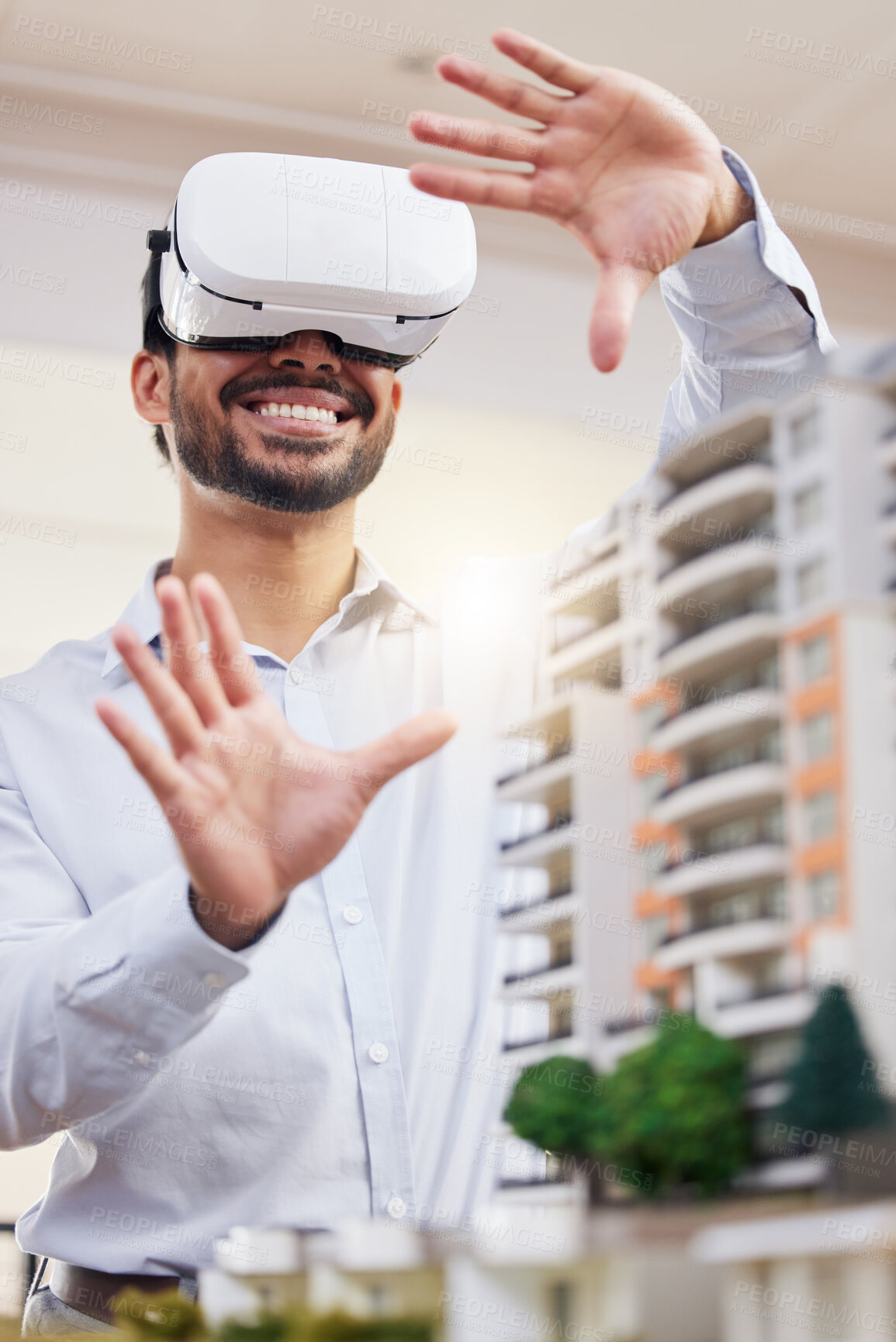 Buy stock photo Architect, happy man and virtual reality architecture model, construction and building, future technology and UX. VR goggles, design and engineering, metaverse and simulation of property development