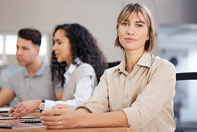 Buy stock photo Business woman in meeting, portrait and leadership with collaboration, project management and team leader. Female in corporate, success and career growth with professional mindset in conference room