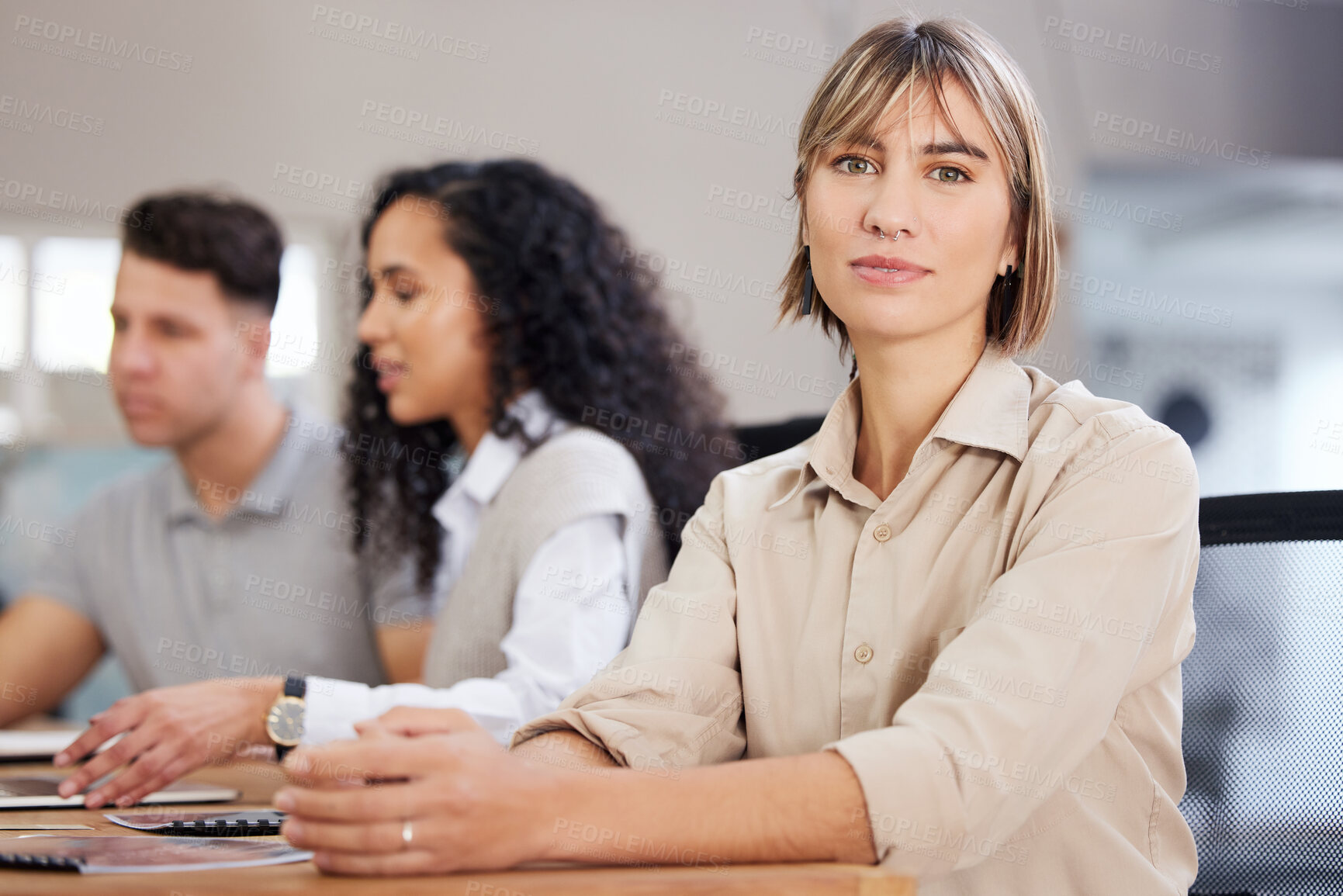 Buy stock photo Business woman in meeting, portrait and leadership with collaboration, project management and team leader. Female in corporate, success and career growth with professional mindset in conference room