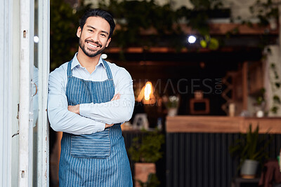 Buy stock photo Happy asian man, portrait and arms crossed in small business at restaurant for welcome, service or job at door. Male entrepreneur smile in confidence at entrance ready to serve in coffee shop or cafe