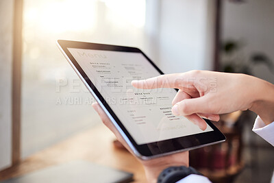 Buy stock photo Closeup person, menu and tablet in cafe for ordering food, meal and lunch on technology. Restaurant customer, hands and screen of digital options, app choice and selection list online in coffee shop 