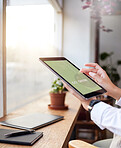 Closeup, hands and tablet for go green, planning and sustainability for environment, earth day and update website. Screen, employee and worker with device, ecology and online reading in workplace