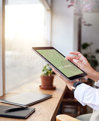 Buy stock photo Closeup, hands and tablet for go green, planning and sustainability for environment, earth day and update website. Screen, employee and worker with device, ecology and online reading in workplace