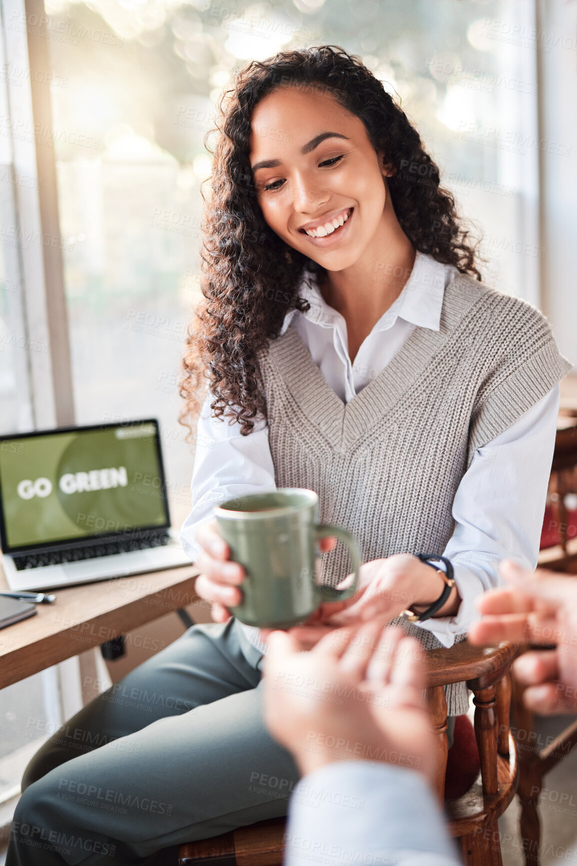 Buy stock photo Coffee shop, server and woman customer happy for tea, espresso or hot beverage in a cafe or restaurant for lunch. Smile, waiter and female employee having breakfast service  working for eco friendly 