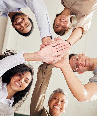 Buy stock photo Teamwork, people portrait and hands together in support, collaboration or team building mission from below. Group, circle or business women and men, stacked hand sign and happy goals with diversity