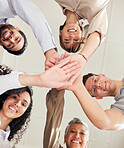 Hands stacked, teamwork and people portrait in support, collaboration or team building mission from below. Group, circle or business women and men, together hand sign and happy goals with diversity