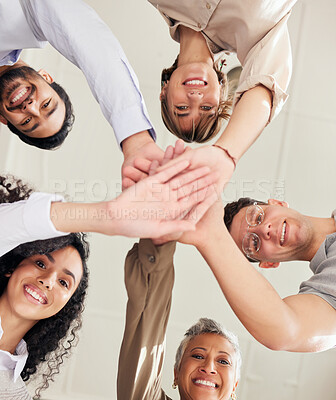 Buy stock photo Hands stacked, teamwork and people portrait in support, collaboration or team building mission from below. Group, circle or business women and men, together hand sign and happy goals with diversity