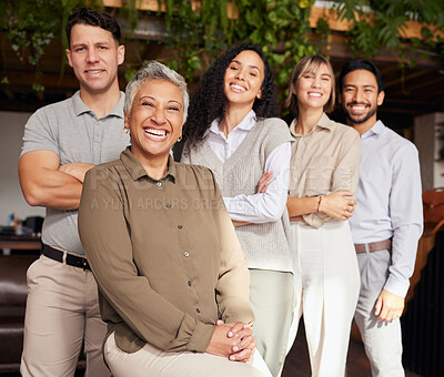 Buy stock photo Happy, smile and portrait of business people in office with diversity, confidence and friendship. Happiness, team and multiracial group of professional employees standing with manager in workplace.