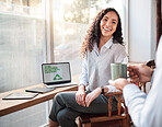 Coffee shop server, customer waiter and happy woman with hot chocolate, tea cup or morning hydration beverage. Breakfast restaurant service, cafe store laptop or eco friendly person work on recycling