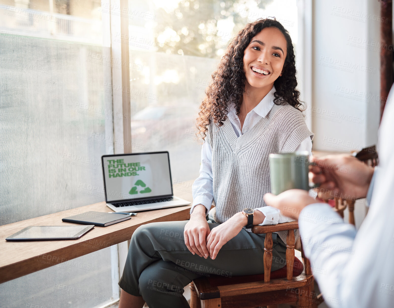 Buy stock photo Coffee shop server, customer waiter and happy woman with hot chocolate, tea cup or morning hydration beverage. Breakfast restaurant service, cafe store laptop or eco friendly person work on recycling