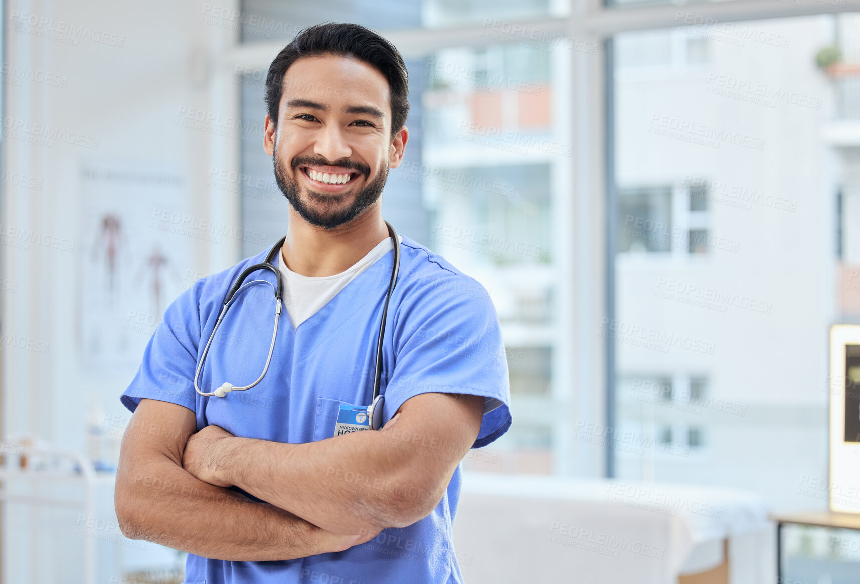 Buy stock photo Healthcare, happy doctor and portrait of man in clinic for insurance, wellness and medical service. Cardiologist, hospital and health worker smile with crossed arms for care, consulting and help