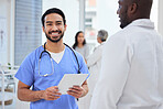 Hospital, doctor and portrait of man with tablet in clinic for insurance, wellness app and medical service. Teamwork, hospital and health worker with digital tech for telehealth, consulting and help