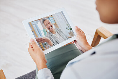 Buy stock photo Video call, tablet screen and women in virtual therapy, counseling or psychology support, discussion and helping. Happy psychologist people talking on digital tech in webinar or online meeting chat