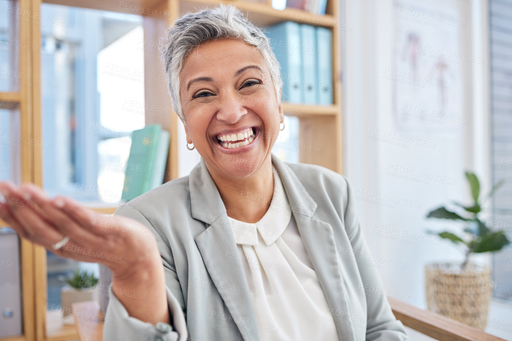 Buy stock photo Portrait, online meeting and senior woman with smile, video call and success for business. Face, female employee or worker in office, happiness or cheerful for startup, profit growth or consultation