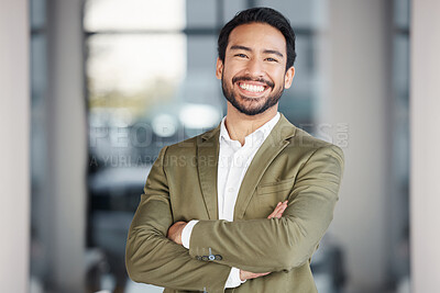 Buy stock photo Happy, smile and portrait of man in office for business, professional and executive. Mission, happiness and pride with employee in startup agency for entrepreneur, agent and joy with mockup