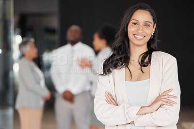 Buy stock photo Business woman, portrait smile and leadership for meeting, planning or teamwork collaboration at the office. Happy and confident female leader or manager smiling with arms crossed for team management