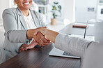 Business people, handshake and partnership, success in interview, hiring or onboarding with team and thank you. Collaboration, shaking hands and meeting with human resources, promotion and commitment