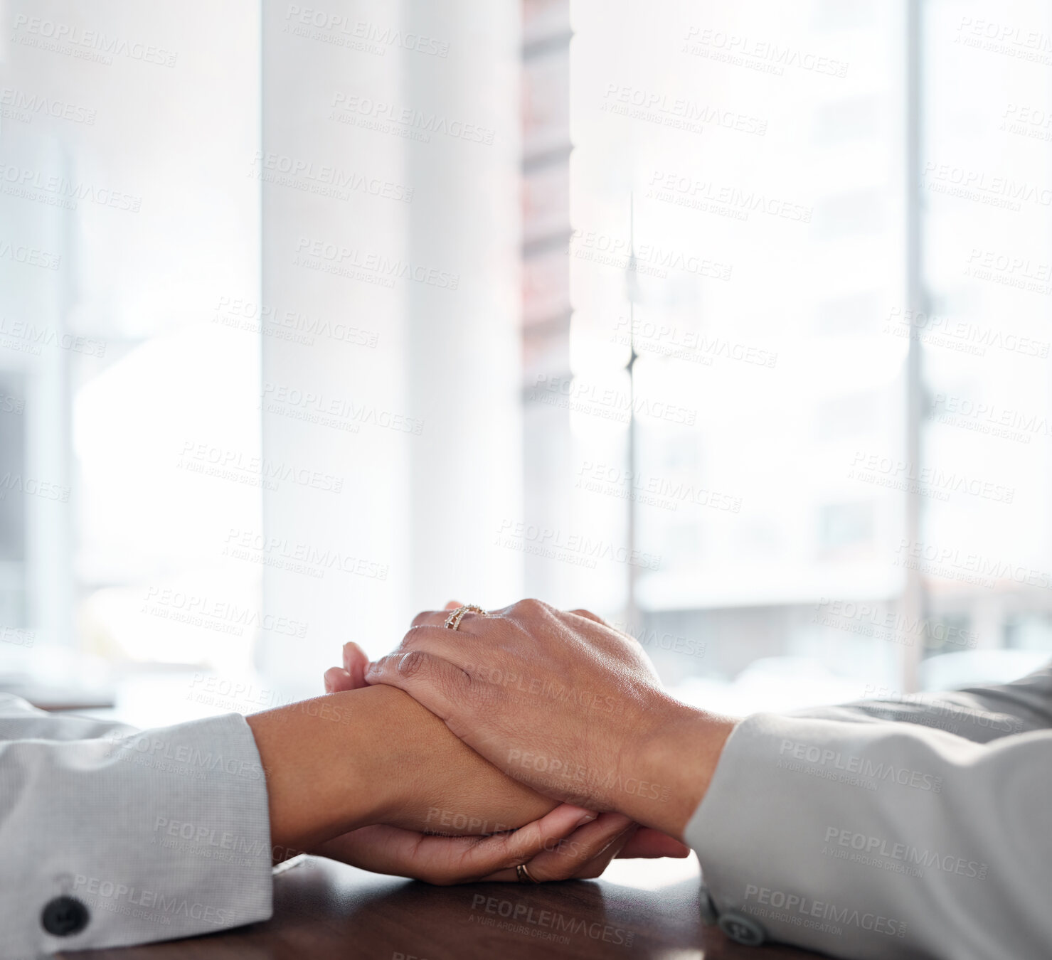 Buy stock photo Holding hands, comfort and support for empathy, care and affection, trust and hope. Psychology, mental health and women, friends or therapist with patient for kindness, counselling or therapy mockup