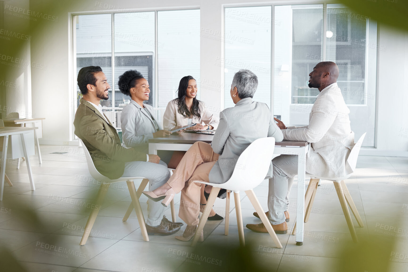 Buy stock photo Business meeting, discussion and team planning in the office for a corporate project. Collaboration, teamwork and group of professional employees working on company strategy report in the workplace.