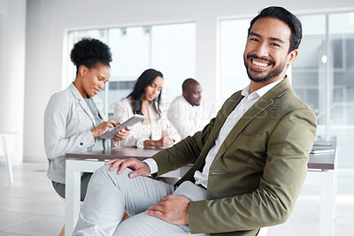 Buy stock photo Portrait, boardroom and a business man in the office with a positive mindset for planning or strategy. Corporate, professional and vision with a happy young male employee sitting in a work meeting