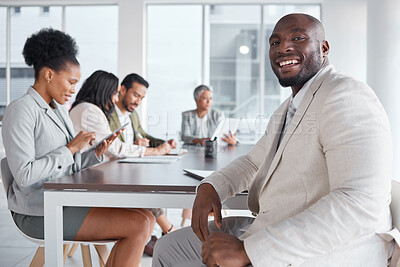 Buy stock photo Businessman, portrait smile and leadership in meeting, planning or teamwork collaboration at the office. Happy black man leader or manager smiling in team management or idea strategy in the boardroom