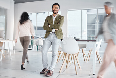 Buy stock photo Busy office, portrait and proud man with business leadership, employee management and workspace confidence. Happy professional worker, manager or asian person arms crossed in startup job or career