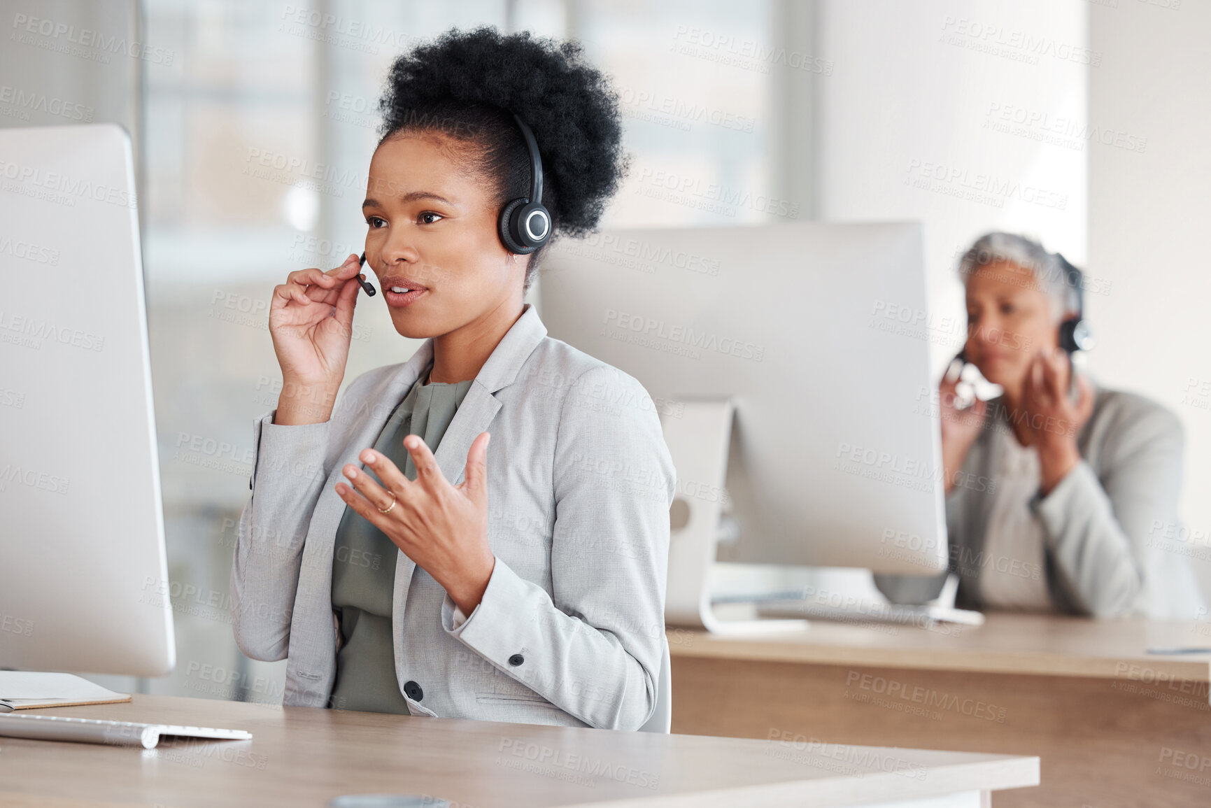Buy stock photo Callcenter consultant, black woman and CRM, phone call and talking, communication and contact us. Conversation, telecom and female, customer support or telemarketing with agent and help desk employee